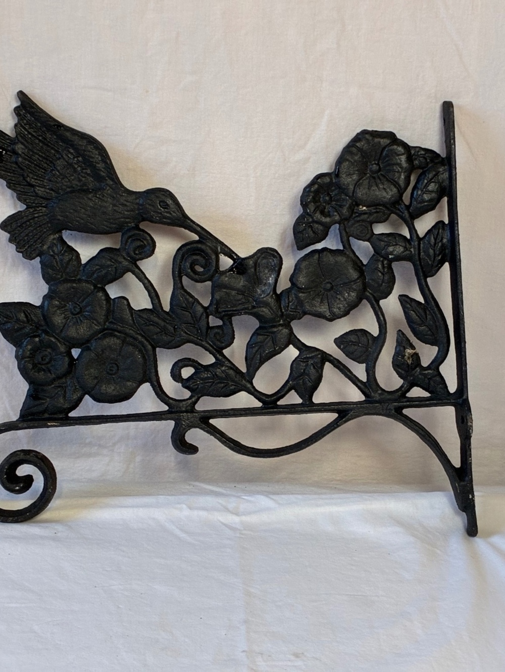 Intage Decorative Black Cast Iron Hummingbird and Flower Wall Bracket 12 in